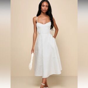 NWT Lulus Meet for Tea White Jacquard Bustier Midi Dress With Pockets